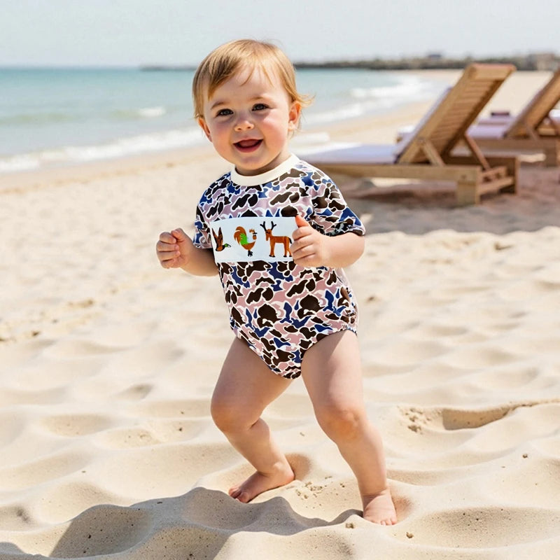 0-18M Summer Casual Baby Boys Romper Camouflage Print Short Sleeve Animal Embroidery Round Neck Jumpsuit