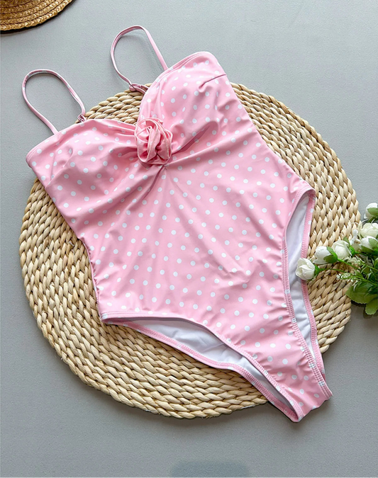 3D Flower Dot High Leg One Piece Swimsuit