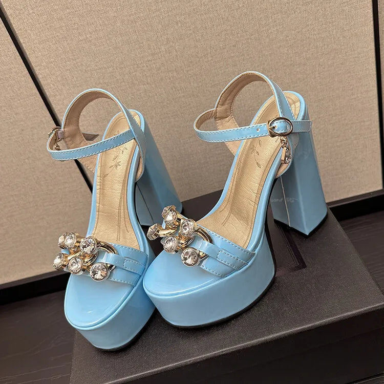 Women's Butterfly Rhinestone Thick Heel Sandals - Open Toe Party Shoes