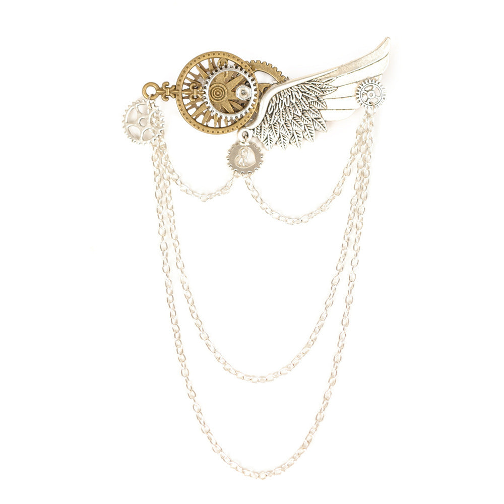 Vintage Steampunk Wings Brooch with Tassel Chain - Lapel Pin Badge