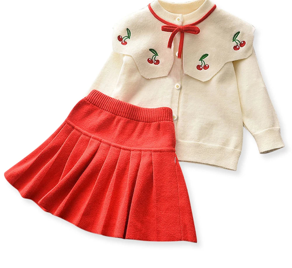 Girls' Knitted Embroidery Sweater & Skirt Set – Autumn Winter 2-Piece Outfit