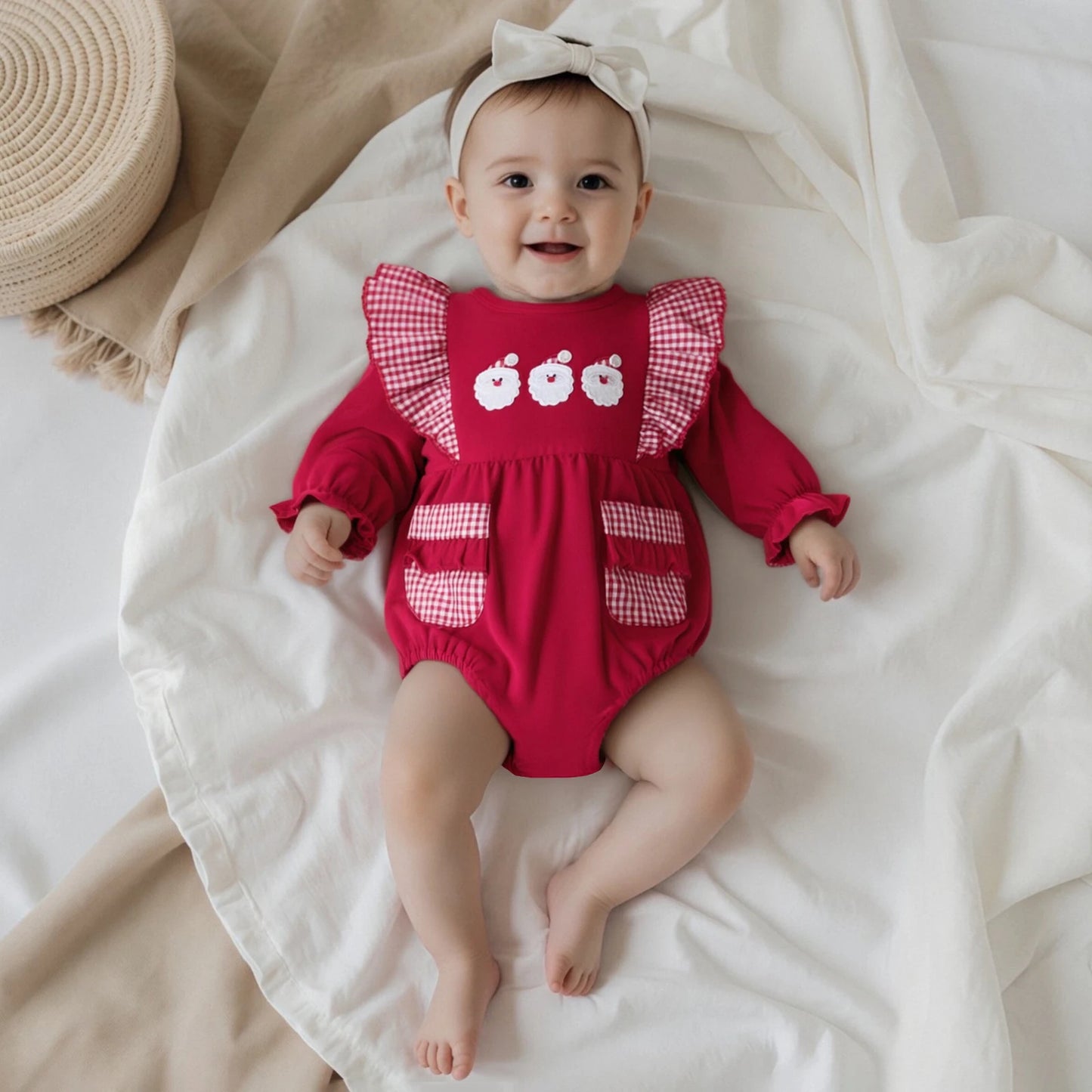 Baby Christmas Romper - Santa Plaid Ruffle Trim Long Sleeve Bodysuit with Pockets (0-18M)