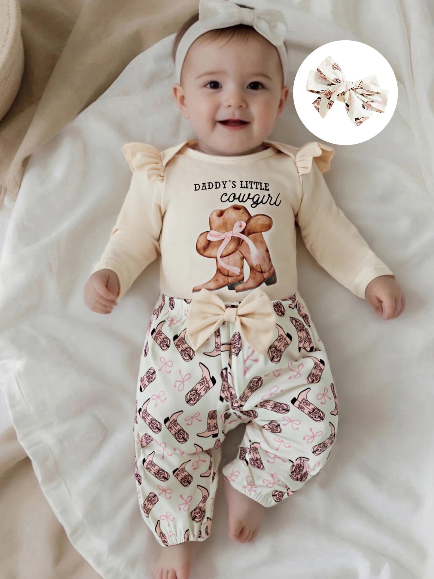 Baby Girls Western Outfit Set - 3-Piece Jumpsuit, Headband & Pants