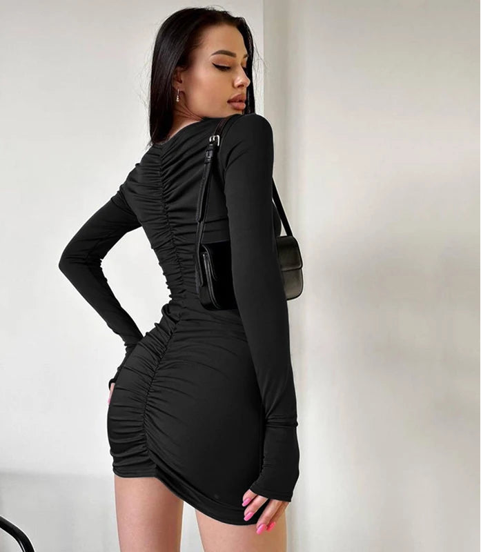 Women's Bodycon Mini Dress Long Sleeve Ruched Back Party Clubwear