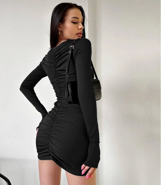 Women's Bodycon Mini Dress Long Sleeve Ruched Back Party Clubwear