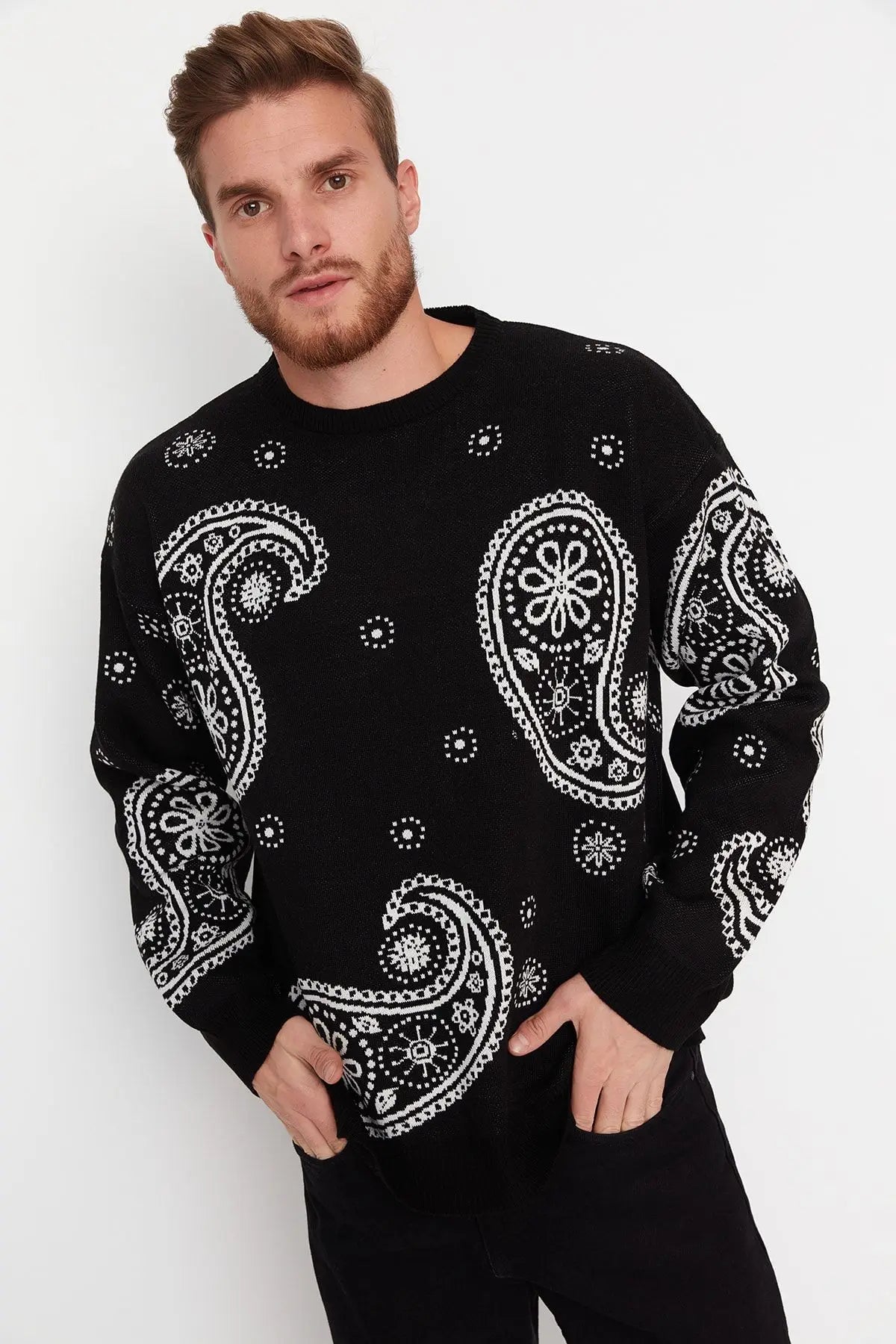 Men's Pullover Oversize Standard Sleeve Paisley Crew Neck Knitwear Unprinted Sweater