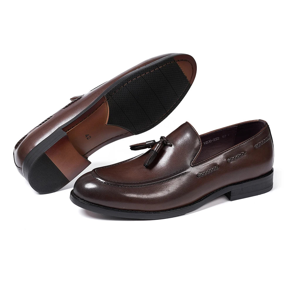 Classic Men's Tassel Loafers Genuine Leather Handmade Slip on Comfortable Office Wedding Shoes