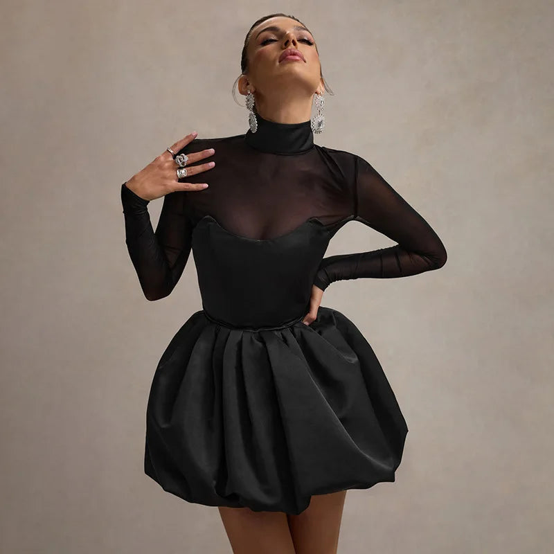 Women's Mesh Splice Long Sleeve Bud Turtleneck High Waist Folds Mini Dress