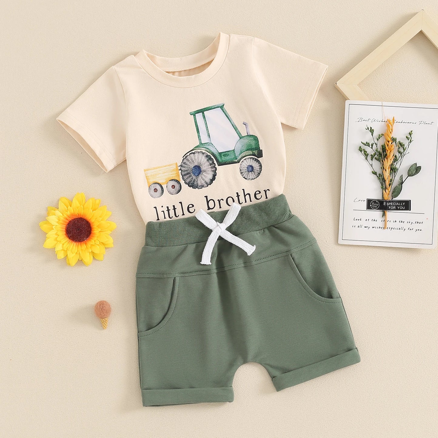 0-5Y Toddler Baby Boys Clothes Set 2pcs Short Sleeve Tractor Letter Print T-shirt with Elastic Waist Shorts Outfit