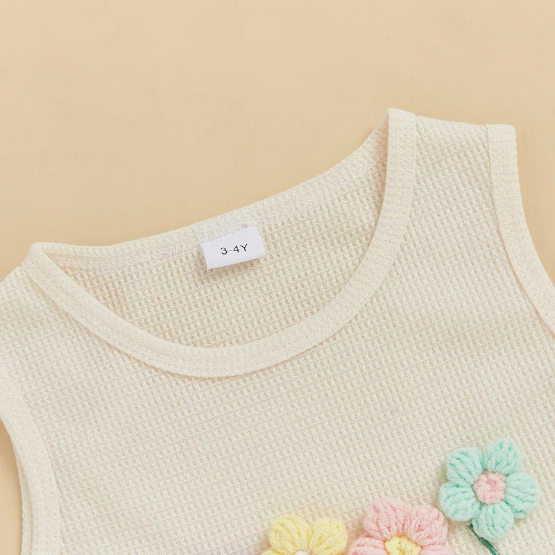 1-5Y Kids Girls Summer Clothes Sets Sleeveless Floral Embroidery Tasseled Tank Top and Elastic Denim Shorts