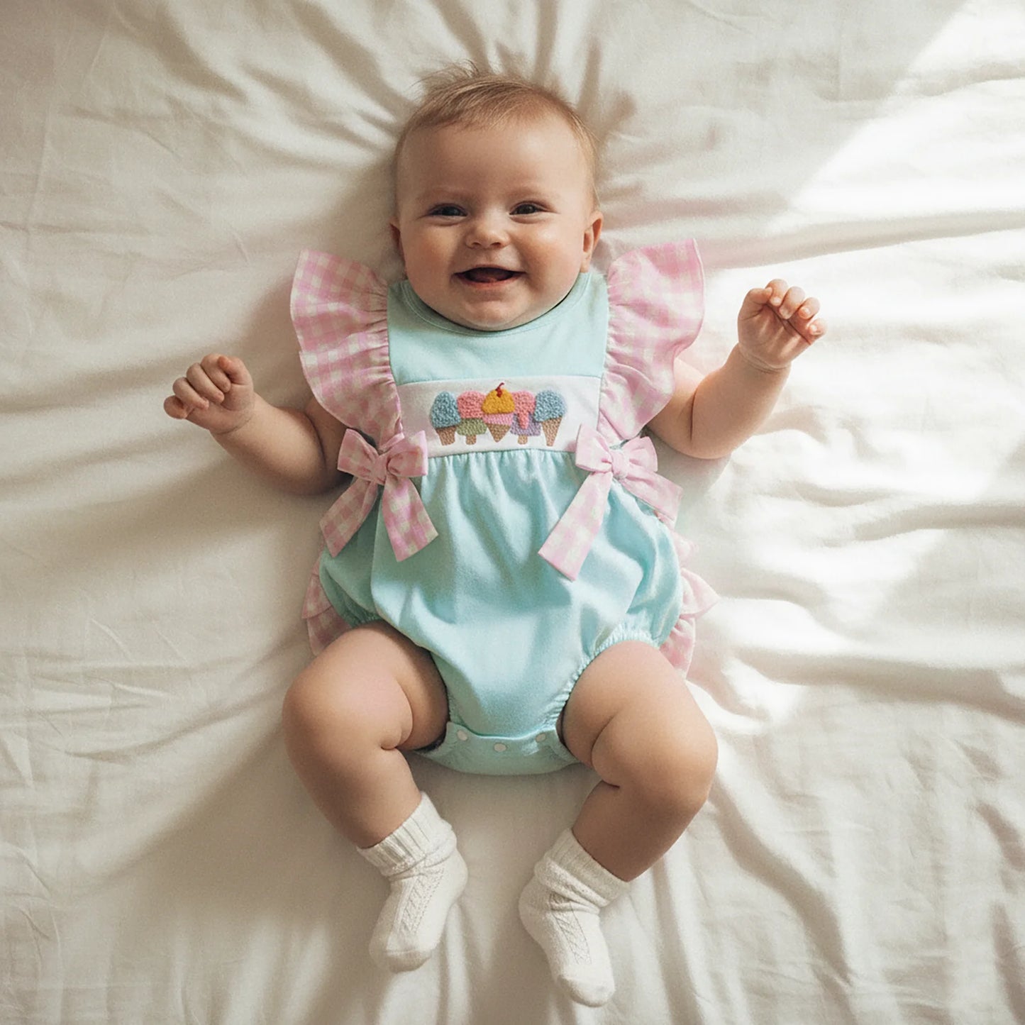 Baby Summer Romper - Plaid Flutter Sleeve Ice Cream Embroidery Jumpsuit