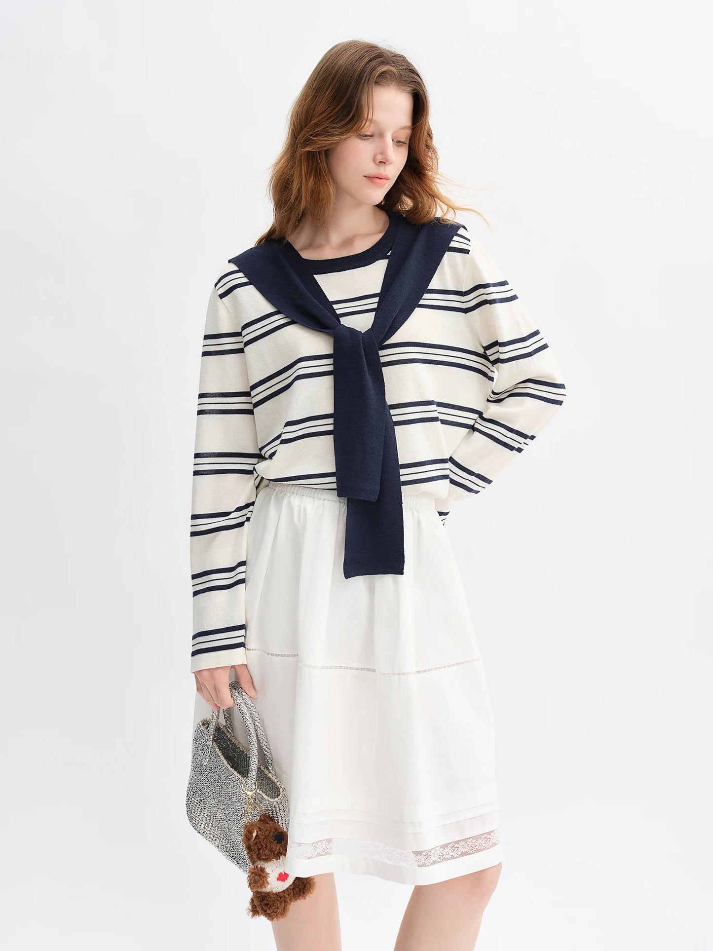 Striped Shawl and Sweater Skirt Set - Contrasting Knit Two-Piece