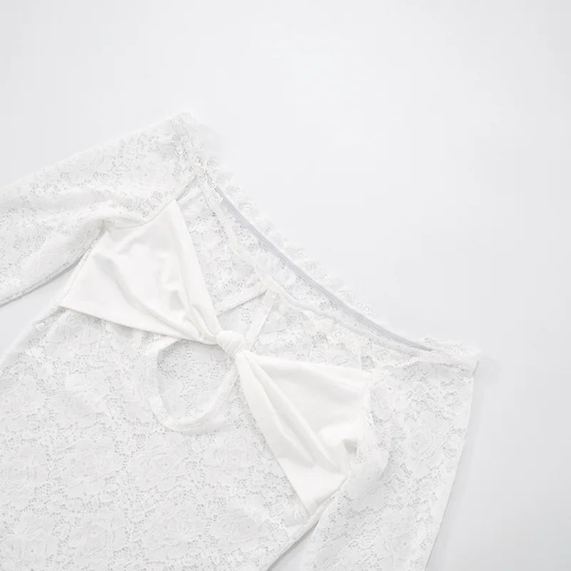Women's Cut Out Lace Long Sleeve Top - Off Shoulder White Twist Front