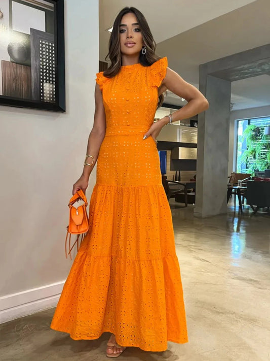 Women's Bohemian Hollow Out Elegant Round Neck Flying Sleeve Button Long Summer Dress