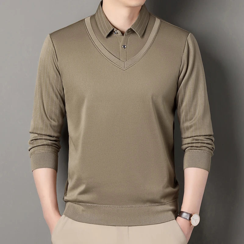 Fake Two Piece Knitted Sweater - Shirt Collar Smart Casual Fleece