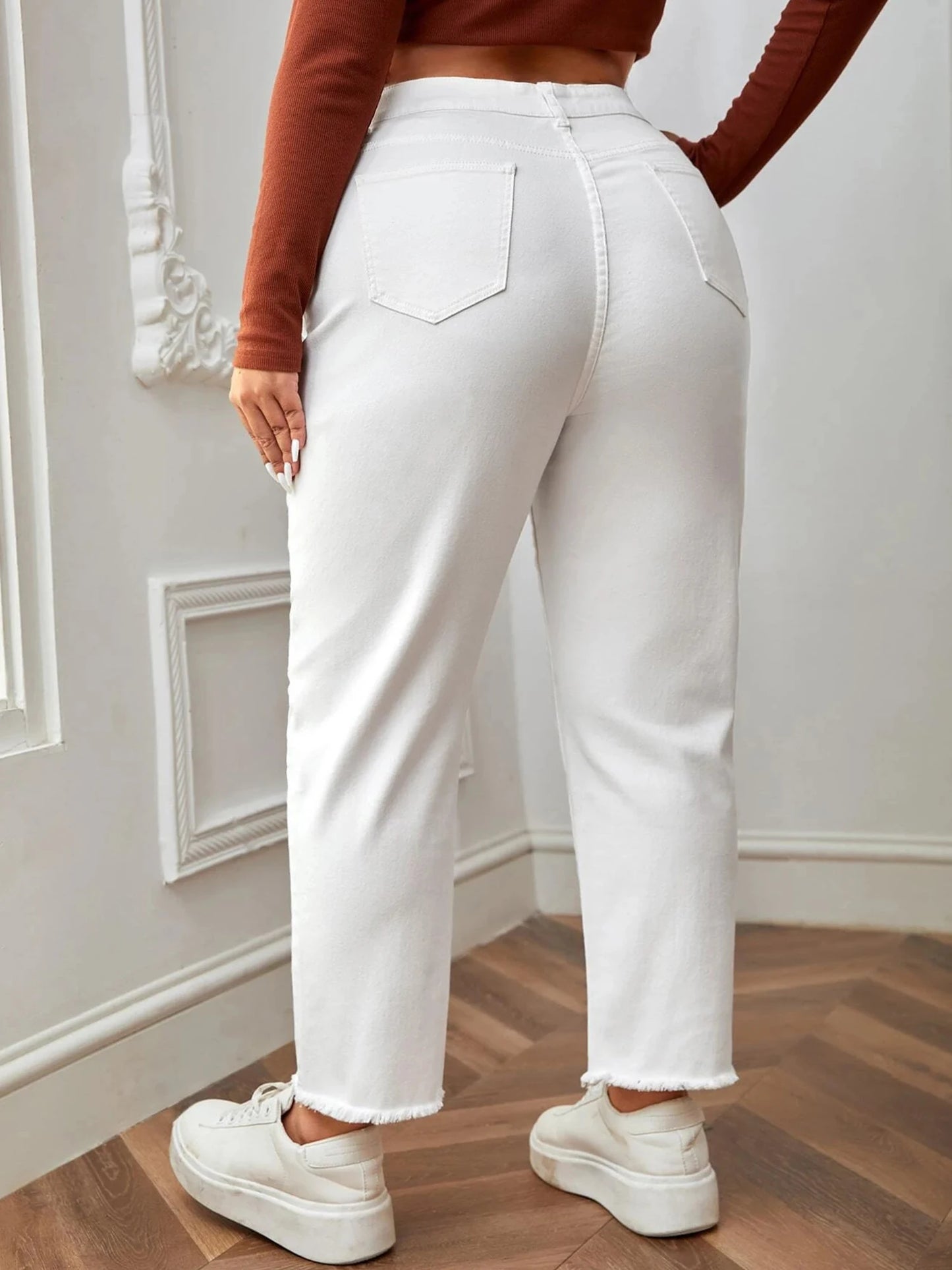 Women Plus Size White  Full Length High Waist Stretchy Denim  Jeans