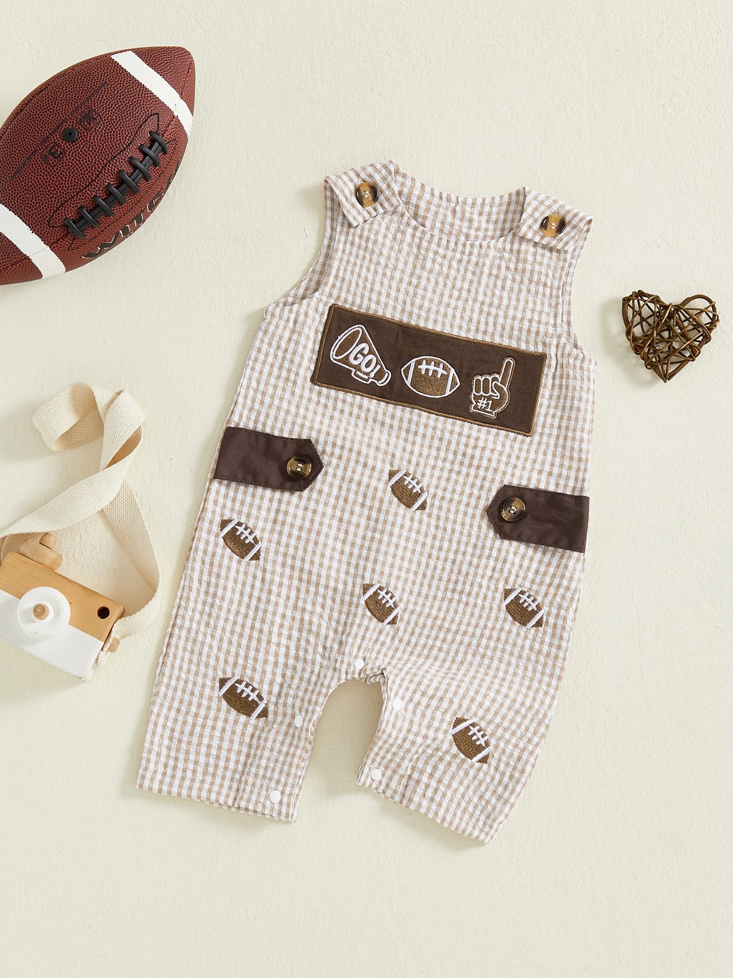 Baby Plaid Romper Overalls - Sleeveless Football Embroidery Jumpsuit (0-18M)