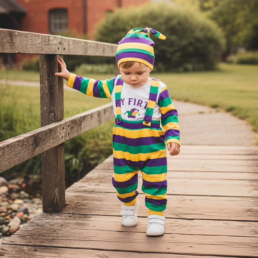 Newborn Baby Boys Outfit Set - Letter Print Striped Romper with Suspender Pants & Cap 0-12M