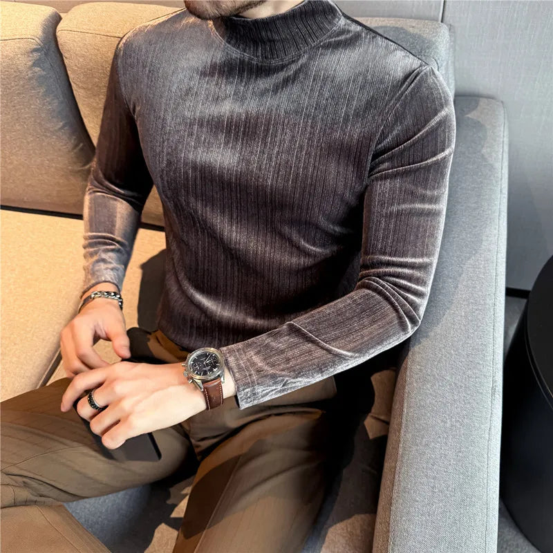 Men's Velvet Mock Neck Long Sleeve T-Shirt