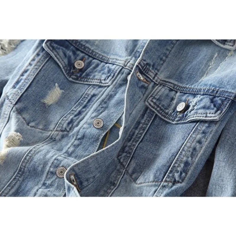 Men's Embroidered Denim Jacket - Retro Ripped Street Style