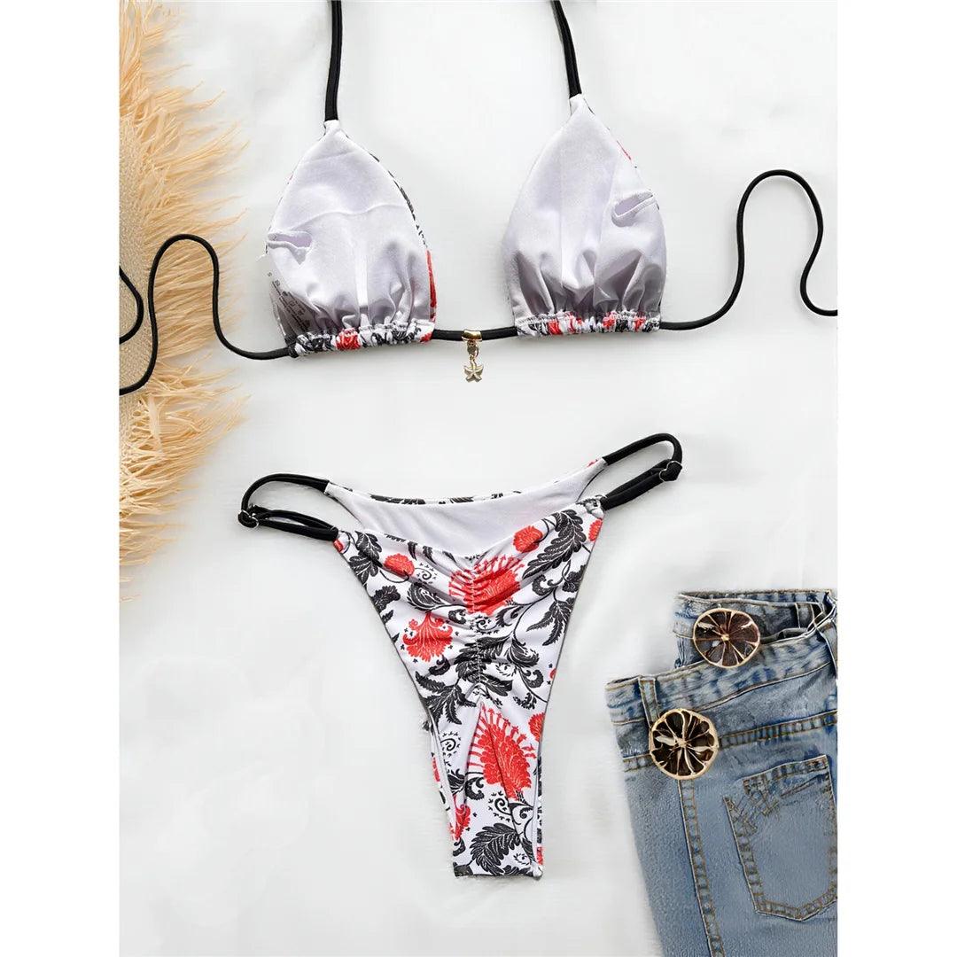 Women's Printed Halter Bikini Swimwear Swimsuit Two-pieces Bikini Set