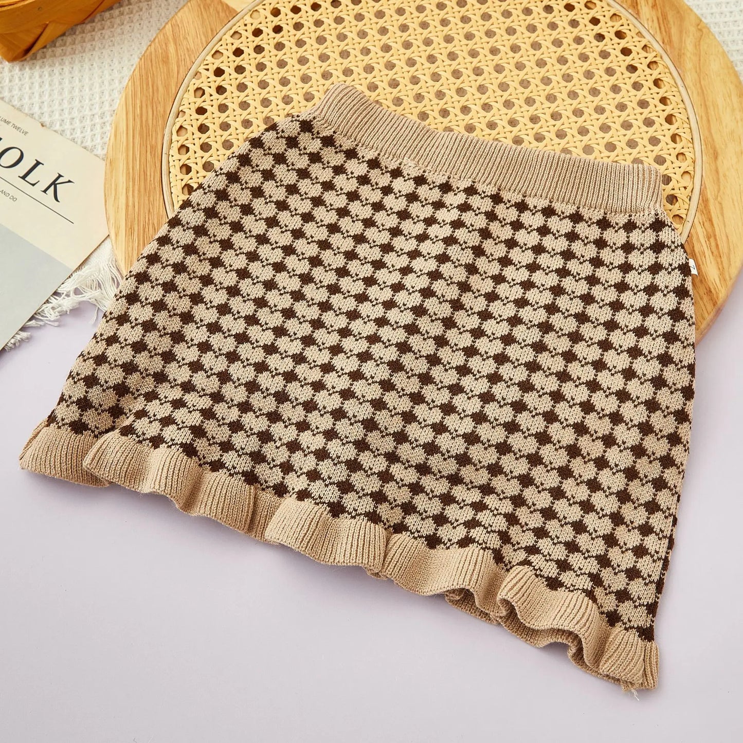 Girls Winter Knitted Cardigan & Skirt Set – Checkered Plaid