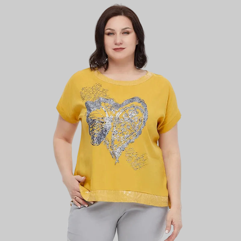 Women's Oversized Short Sleeve Sequin Print Cotton Top