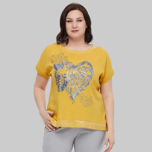 Women's Oversized Short Sleeve Sequin Print Cotton Top