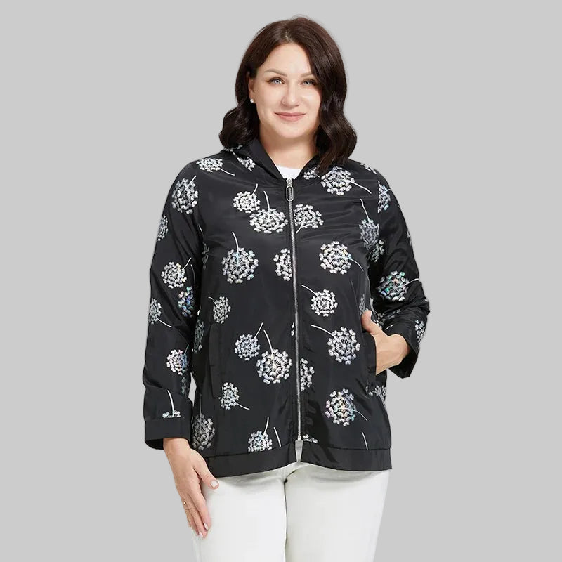 Women's Oversized Hooded Flower Print Zip Windbreaker Jacket