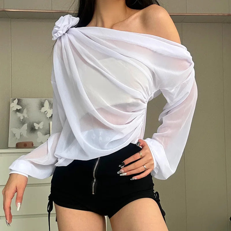 Women's Folds Flower Cover Up Mesh Sheer Long Sleeve Oversized  See Through Cover-up Shirt