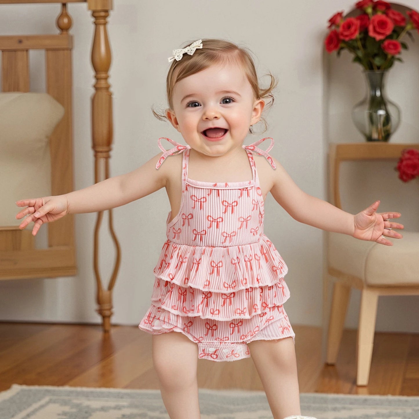 Bow Print Layered Ruffle Spaghetti Strap Baby Romper