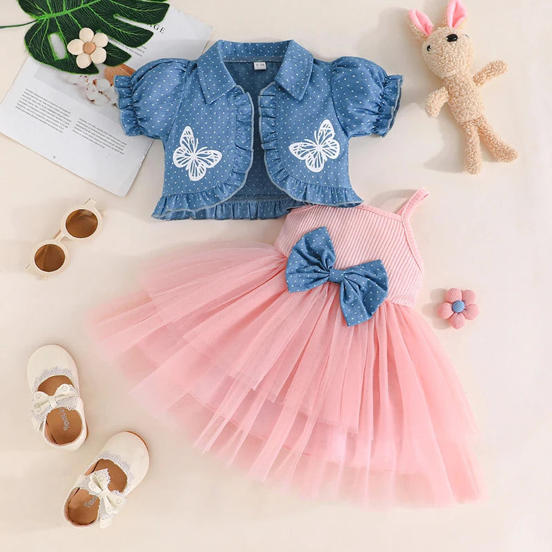 0-4Y Toddler Little Girls Summer Clothes Sets Butterfly Print Short Puff Sleeve Cardigan Tulle Strap Bow A Line Dress