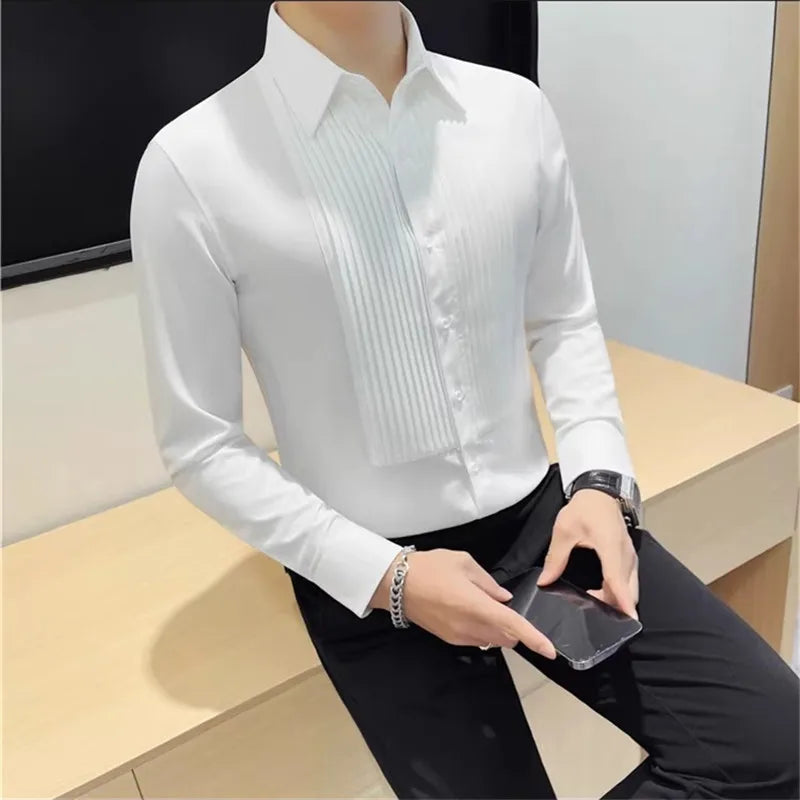 Men's Long Sleeve Pleated Fold Tuxedo Shirt