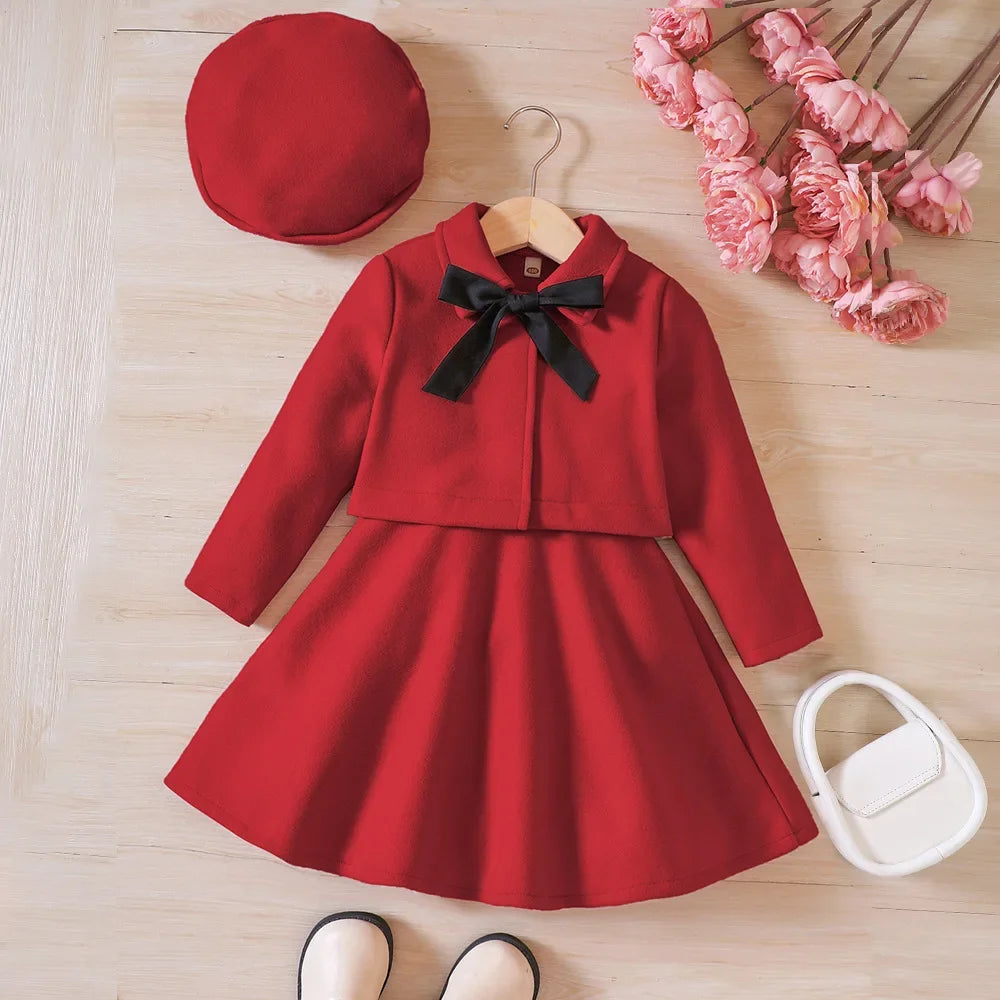 Christmas Red 3 Pieces Dress Set - Baby Girls Winter Outfit with Coat and Hat