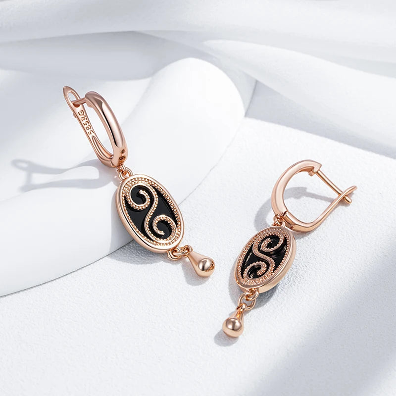 Women's 585 Rose Gold Colour  Vintage Black Stone Dangle Earrings