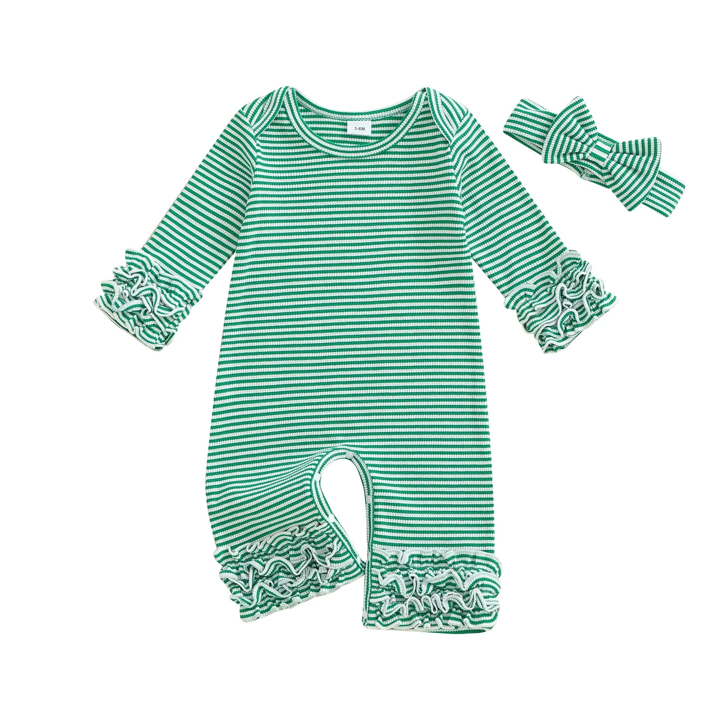 Baby Girls Striped Romper Outfit - Long Sleeve Full Length Jumpsuit with Bow Headband (0-18M)