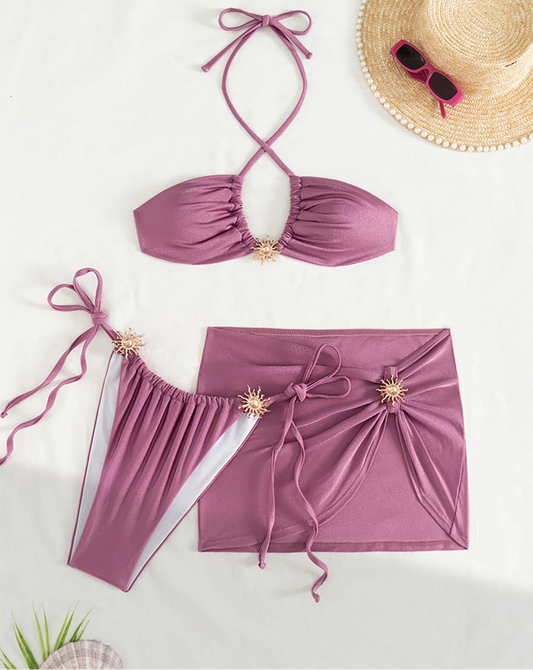 Halter High Cut Strappy Bikini Set with Skirt