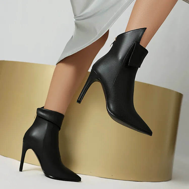 Women's Irregular Design Leather 10cm High-heeled Pointed Back Zipper Short Plush Ankle Boots