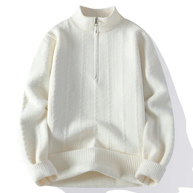 Men's Stand Collar Knitted Sweater - Loose Fit Solid Colour Pullover for Autumn Winter