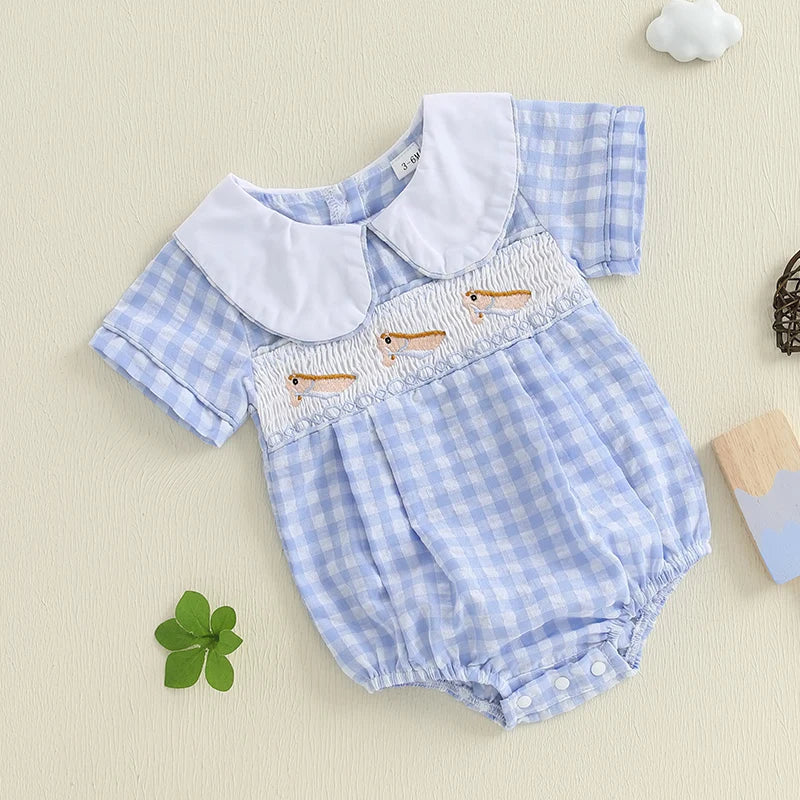 Lovely Baby Summer Romper - Plaid Print Western Embroidery Doll Collar Jumpsuit (0-18M)
