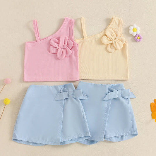 1-5Y Kids Girl's Clothes Sets Outfits Sleeveless 3D Flower Tank Top and Solid Shorts Skirt
