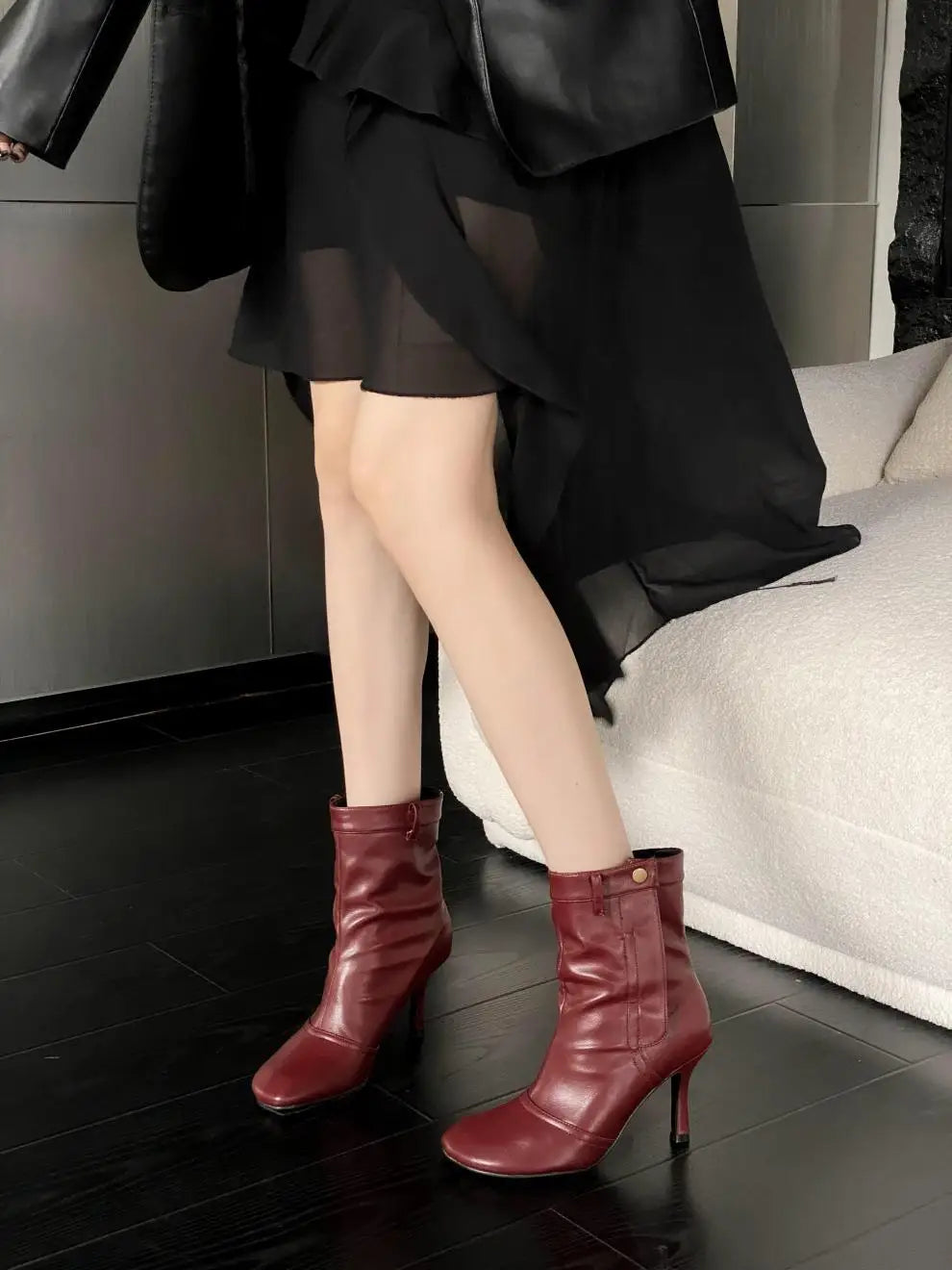 Round Toe Ankle Boots - Metal Button Detail with Side Zipper