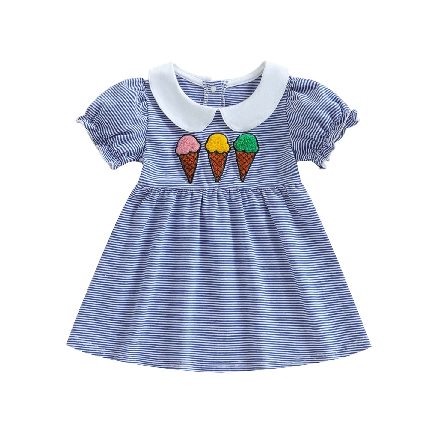 Girls A-Line Dress - Ice Cream Embroidery Striped Doll Collar Dress