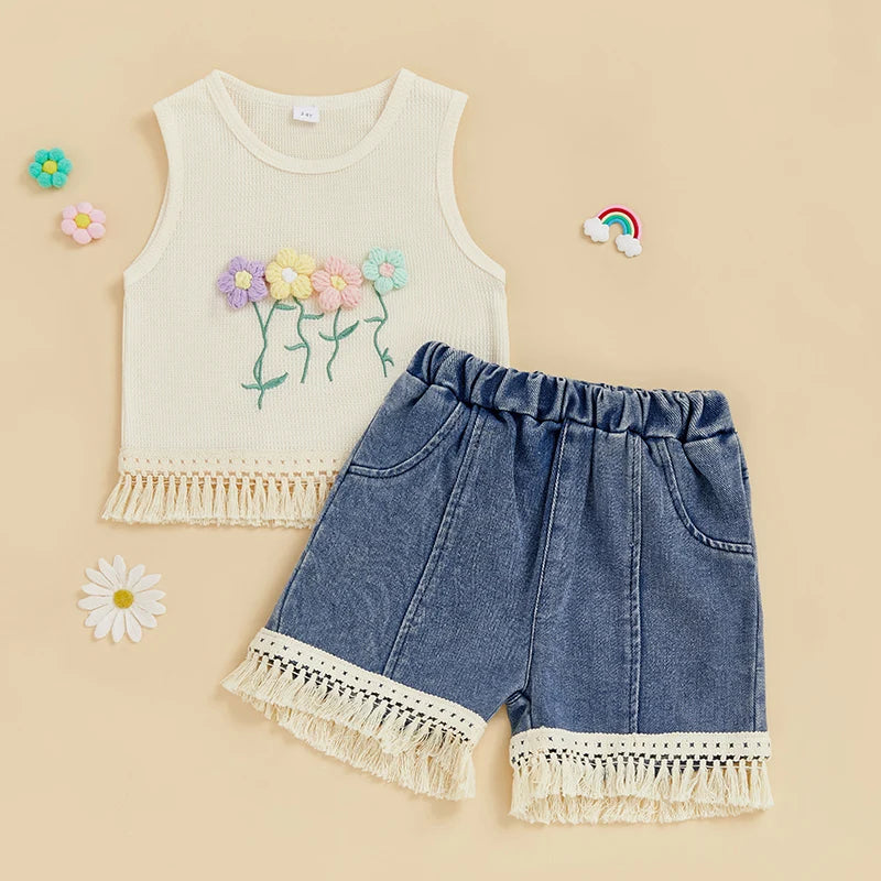 1-5Y Kids Girls Summer Clothes Sets Sleeveless Floral Embroidery Tasseled Tank Top and Elastic Denim Shorts