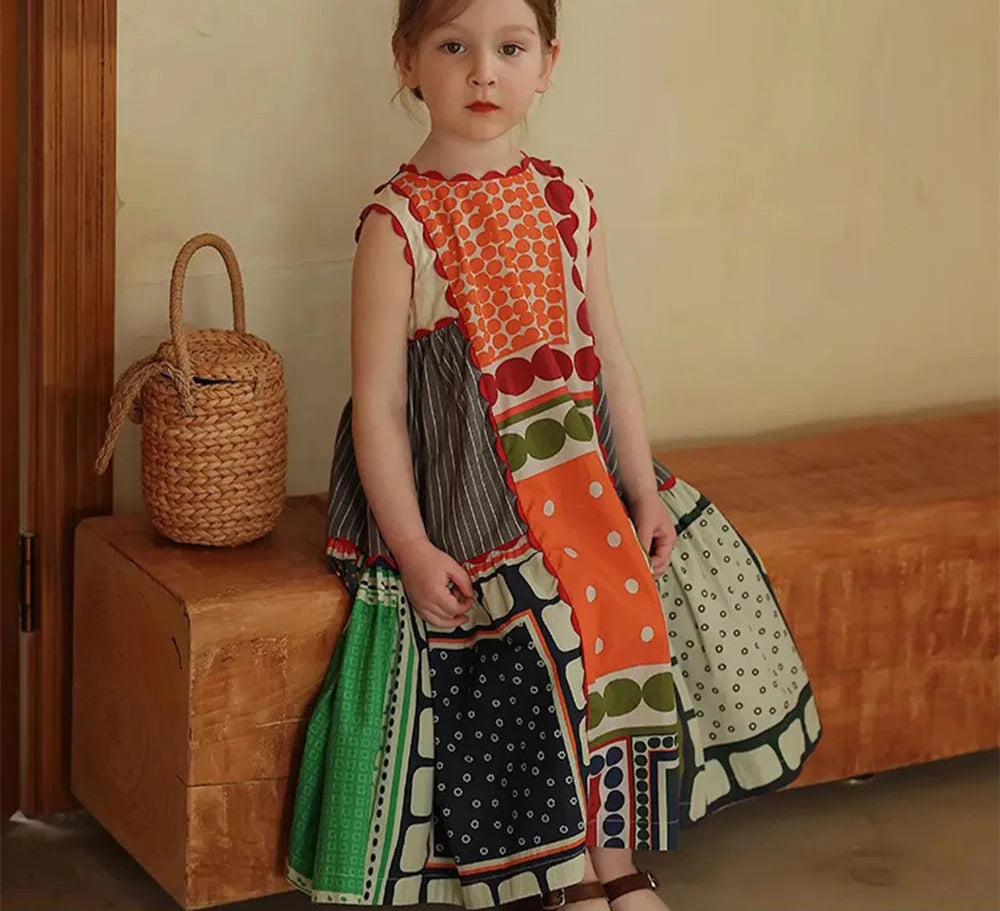 Girls' Dress Summer Children's Round Neck Sleeveless Geometric Multicolour Comfortable Casual Dress