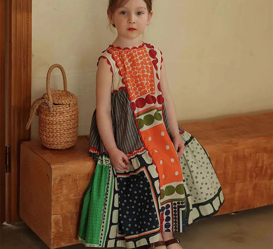 Girls' Dress Summer Children's Round Neck Sleeveless Geometric Multicolour Comfortable Casual Dress
