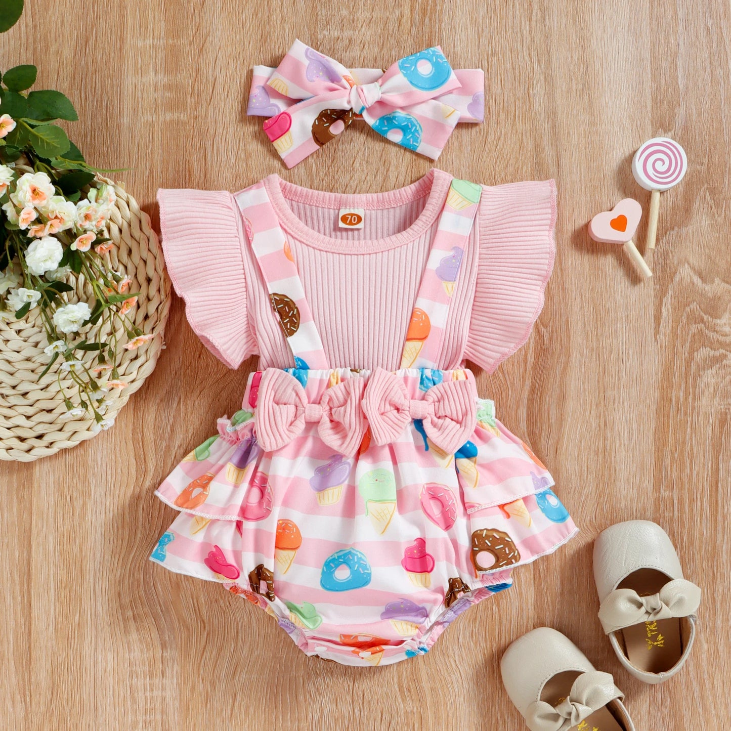 0-18M Baby Girls Romper 2pcs Set - Suspender Bowknot Donut/Flower Printed Ruffle Jumpsuits with Headband