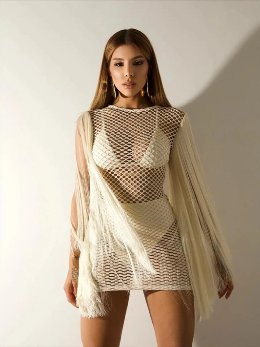 Mesh Long Sleeve Mini Dress with Bikini Set - Tassel Cover Up