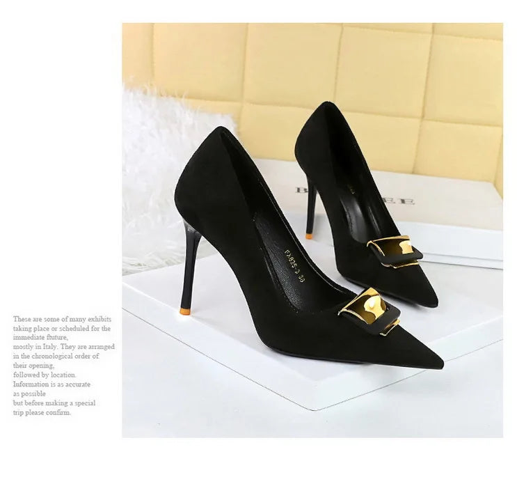 Women's Metal Buckle Decoration Pumps Suede High Heels Stilettos Heels Shoes