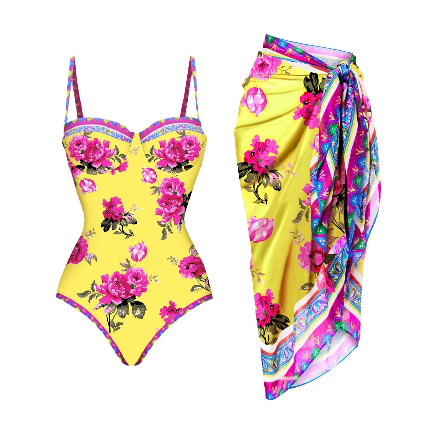 Underwire Push-Up Swimsuit with Skirt - High Leg Bathing Suit